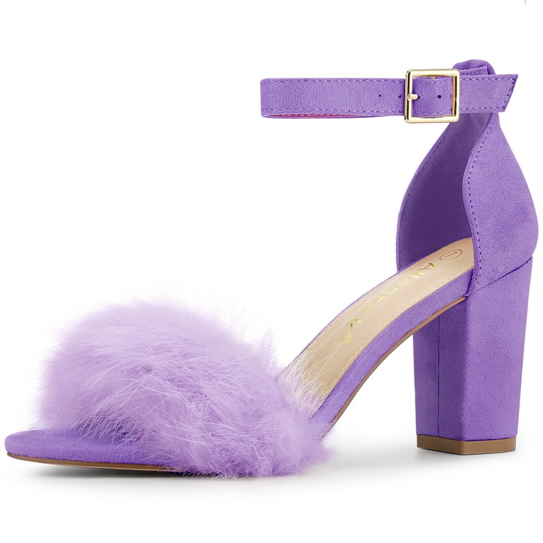 Women’s Fluffy Block Heels Sandal Fairy Style Black Red Purple Grey Beige Pink Green Blue Yellow - SCSSTORE.PK