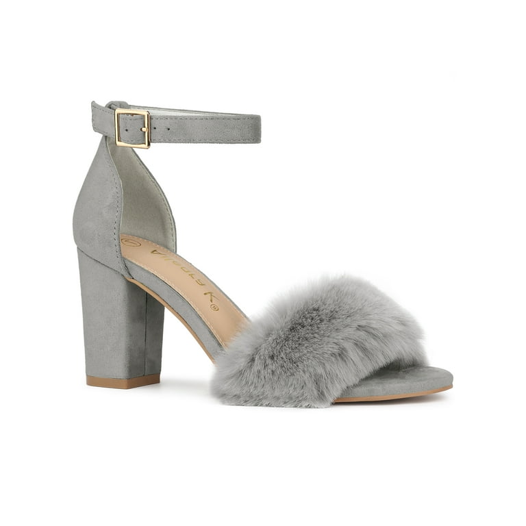 Women’s Fluffy Block Heels Sandal Fairy Style Black Red Purple Grey Beige Pink Green Blue Yellow - SCSSTORE.PK