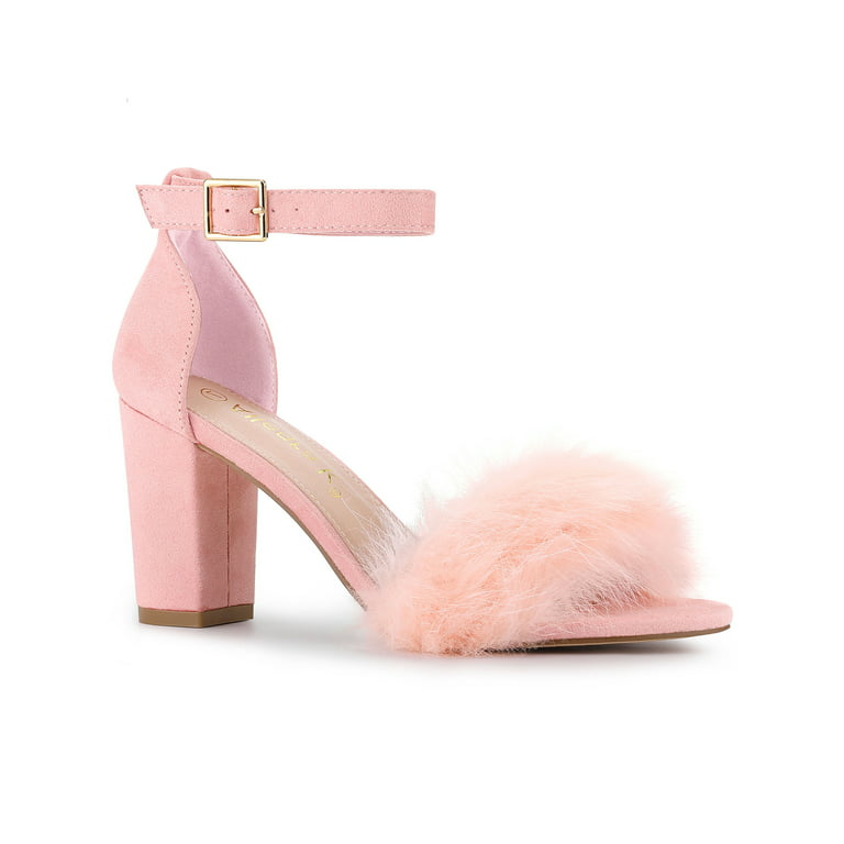 Women’s Fluffy Block Heels Sandal Fairy Style Black Red Purple Grey Beige Pink Green Blue Yellow - SCSSTORE.PK