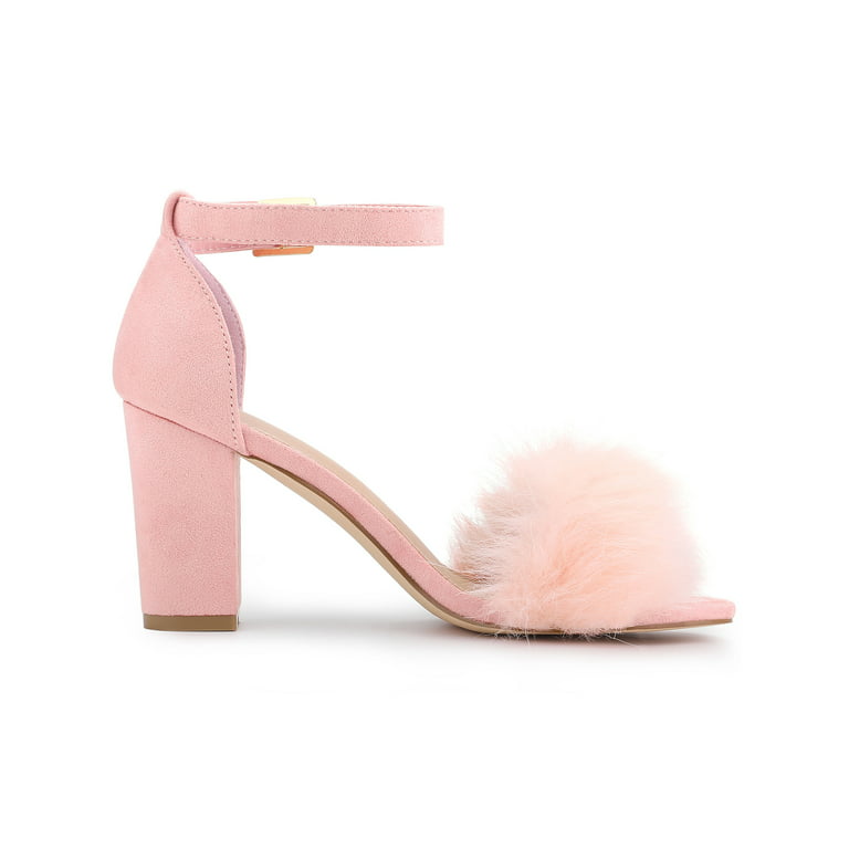 Women’s Fluffy Block Heels Sandal Fairy Style Black Red Purple Grey Beige Pink Green Blue Yellow - SCSSTORE.PK