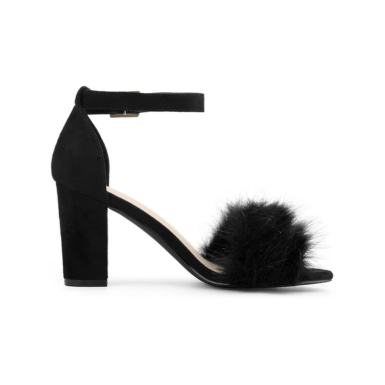 Women’s Fluffy Block Heels Sandal Fairy Style Black Red Purple Grey Beige Pink Green Blue Yellow - SCSSTORE.PK
