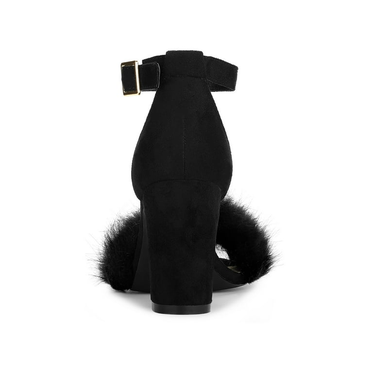 Women’s Fluffy Block Heels Sandal Fairy Style Black Red Purple Grey Beige Pink Green Blue Yellow - SCSSTORE.PK