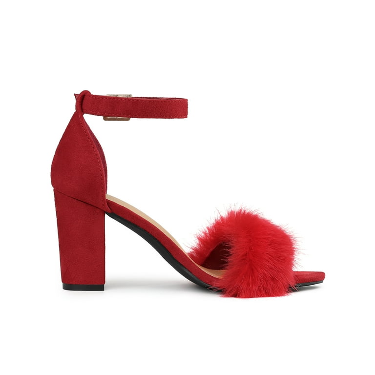 Women’s Fluffy Block Heels Sandal Fairy Style Black Red Purple Grey Beige Pink Green Blue Yellow - SCSSTORE.PK