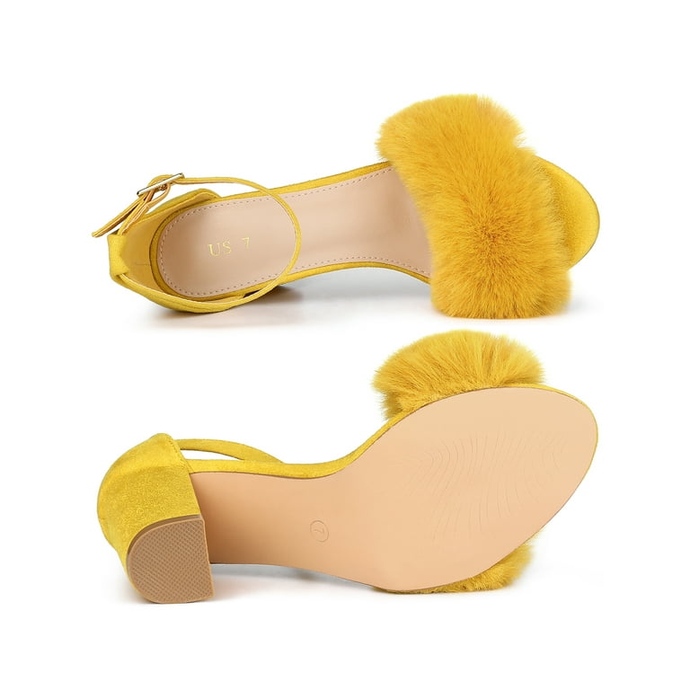 Women’s Fluffy Block Heels Sandal Fairy Style Black Red Purple Grey Beige Pink Green Blue Yellow - SCSSTORE.PK