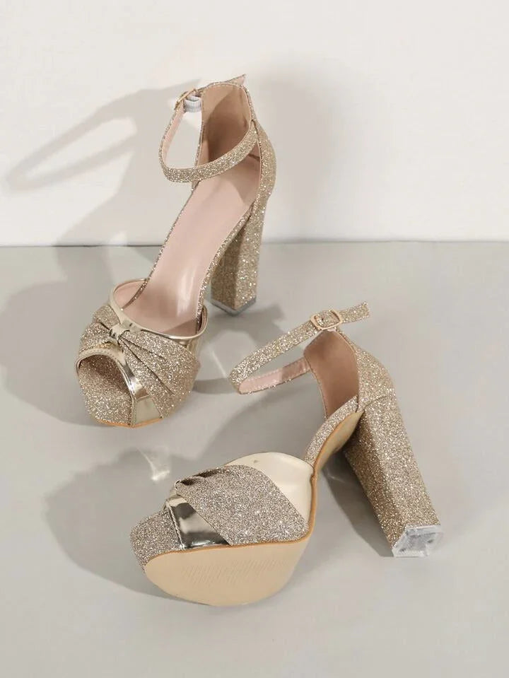Women’s Metallic Block Heels Sandal with Platform Golden | Party & Bridal - SCSSTORE.PK