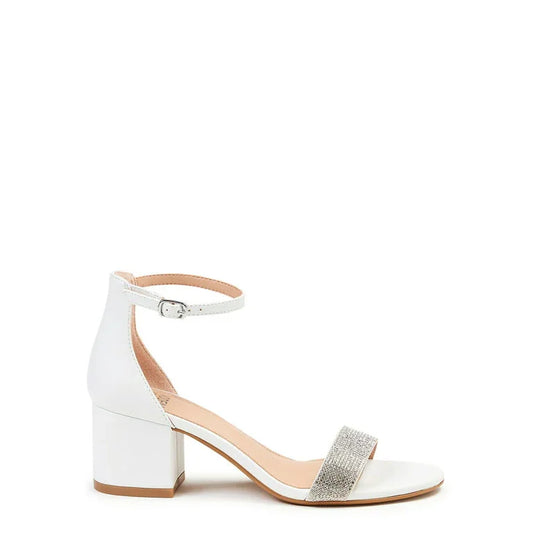 Women’s Pearl Mid Block Heels Sandals White Black Silver Beige - SCSSTORE.PK