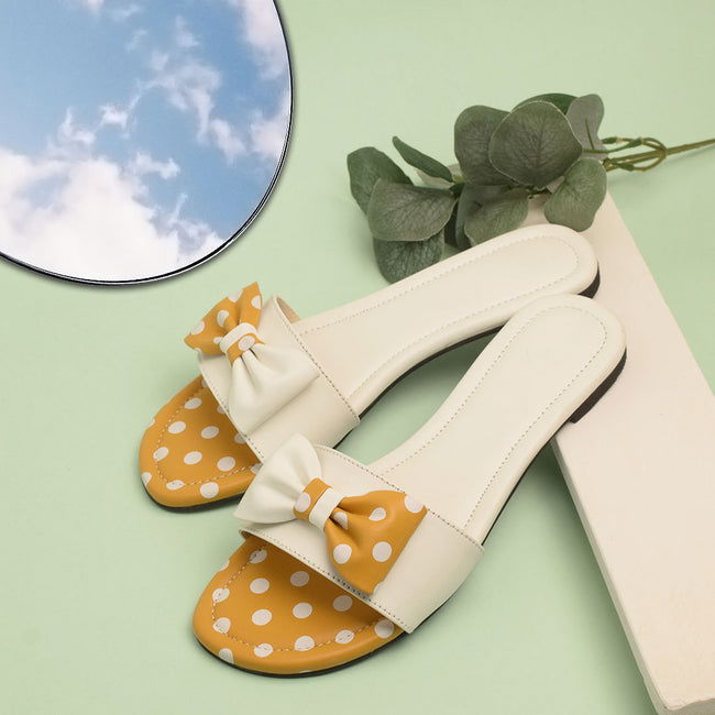 Women’s Polka Dots Bow Tie Slides Flat Slippers Sandals White Pink Yellow - SCSSTORE.PK
