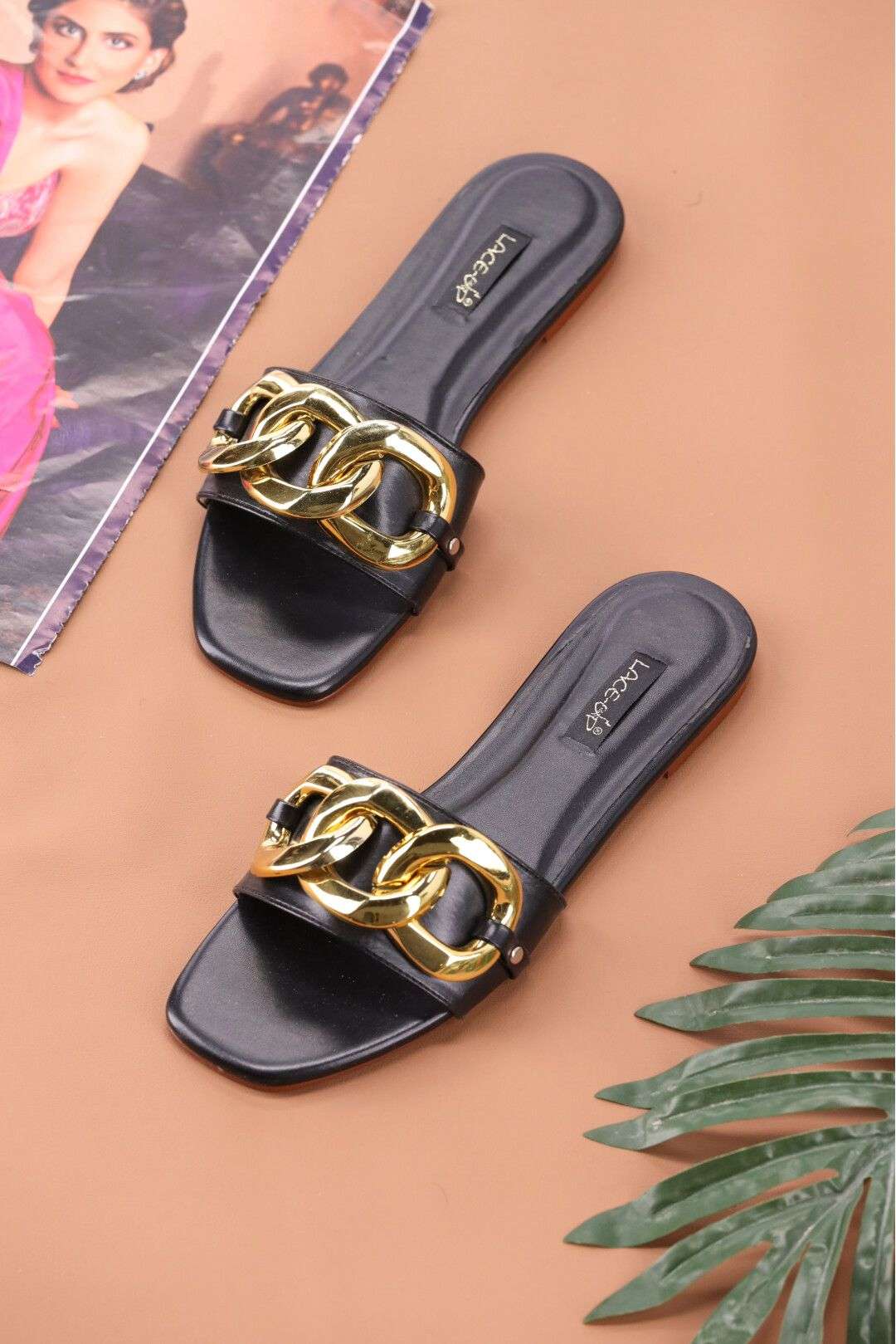 Women’s Queen Style Buckle Flat Slipper Chain Black Beige - SCSSTORE.PK