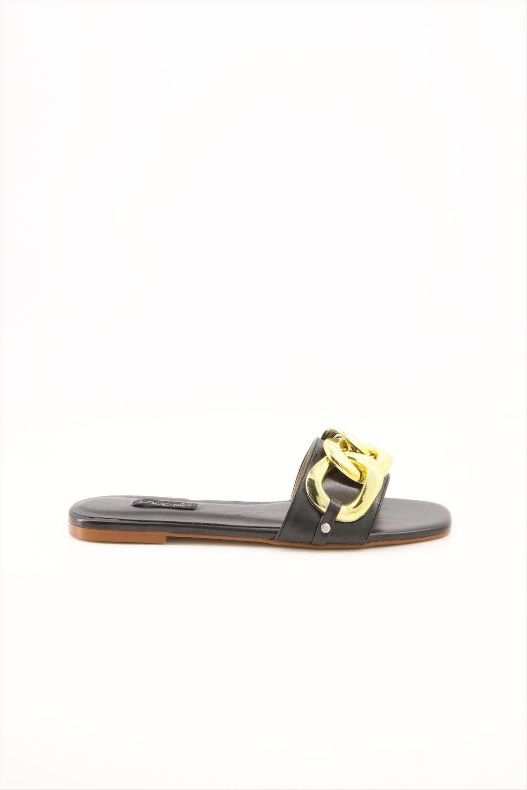 Women’s Queen Style Buckle Flat Slipper Chain Black Beige - SCSSTORE.PK