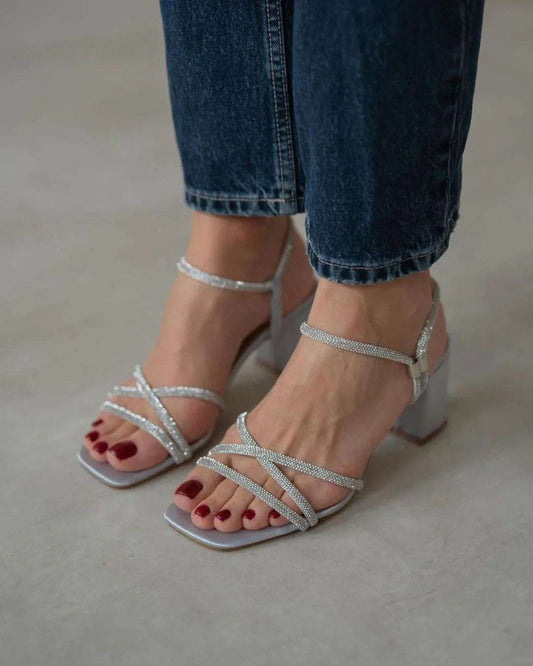 Women’s Rhinestone 3 Inch Block Heels Fairy Style Chunky Faux Suede Sandals Black White Silver - SCSSTORE.PK