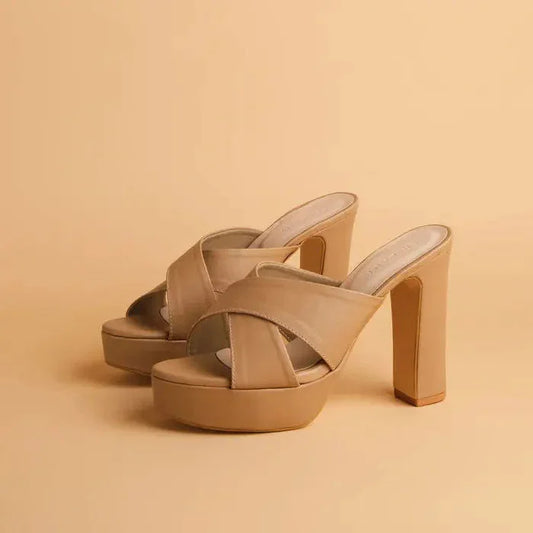 Women’s Silver Cross Strap Open Toe Block Heels 4-Inch Bridal Party Sandals - SCSSTORE.PK