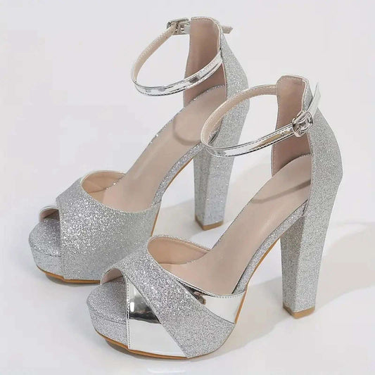 Women’s Silver Glitter Block Heels Sandals Weddings Parties Comfortable - SCSSTORE.PK
