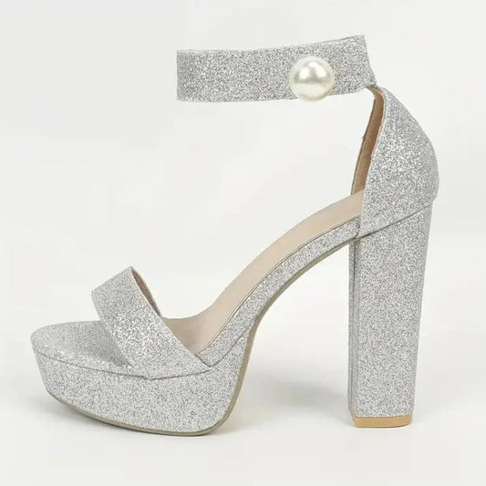 Women’s Silver Glitter Block Heels Sandals | Perfect for Weddings & Parties - SCSSTORE.PK
