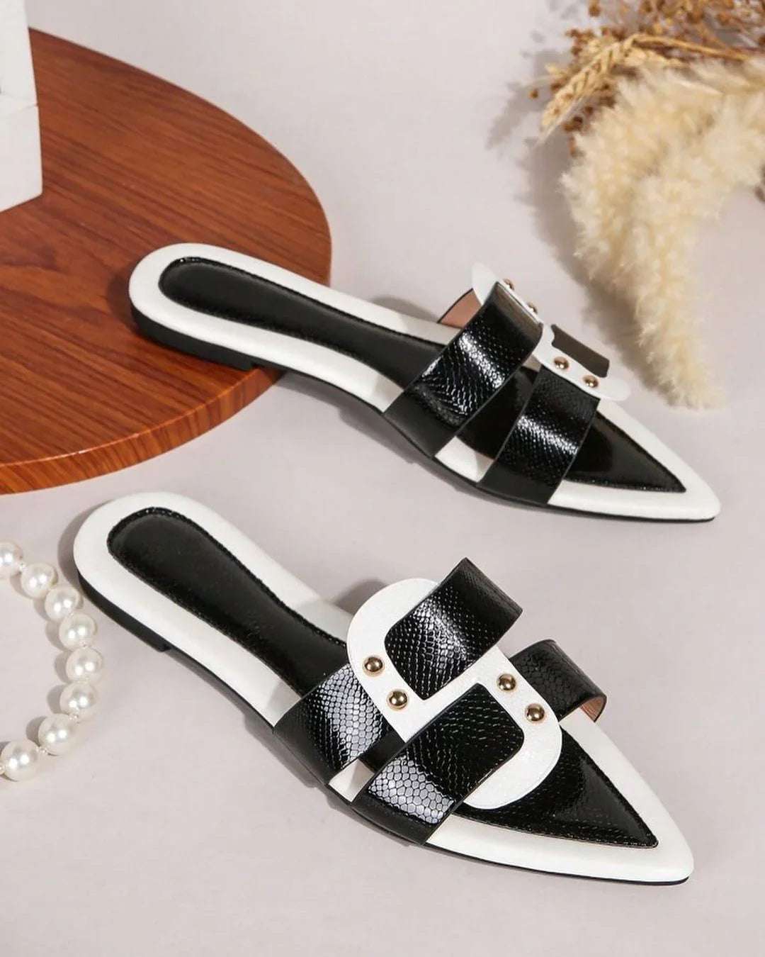 Women’s Fairy Style Two Tone Twist Faux Suede Slides Golden Silver Black - SCSSTORE.PK
