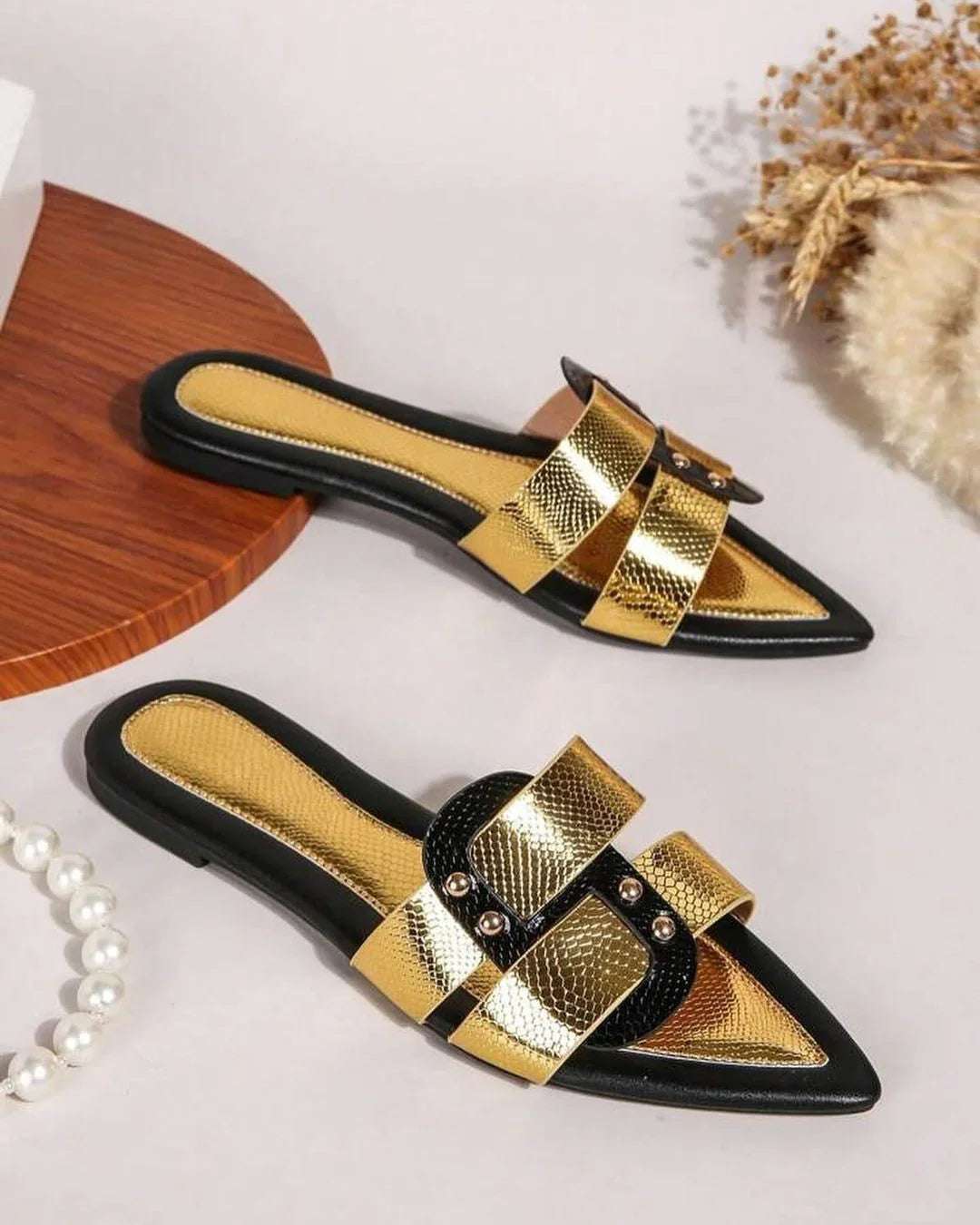 Women’s Fairy Style Two Tone Twist Faux Suede Slides Golden Silver Black - SCSSTORE.PK