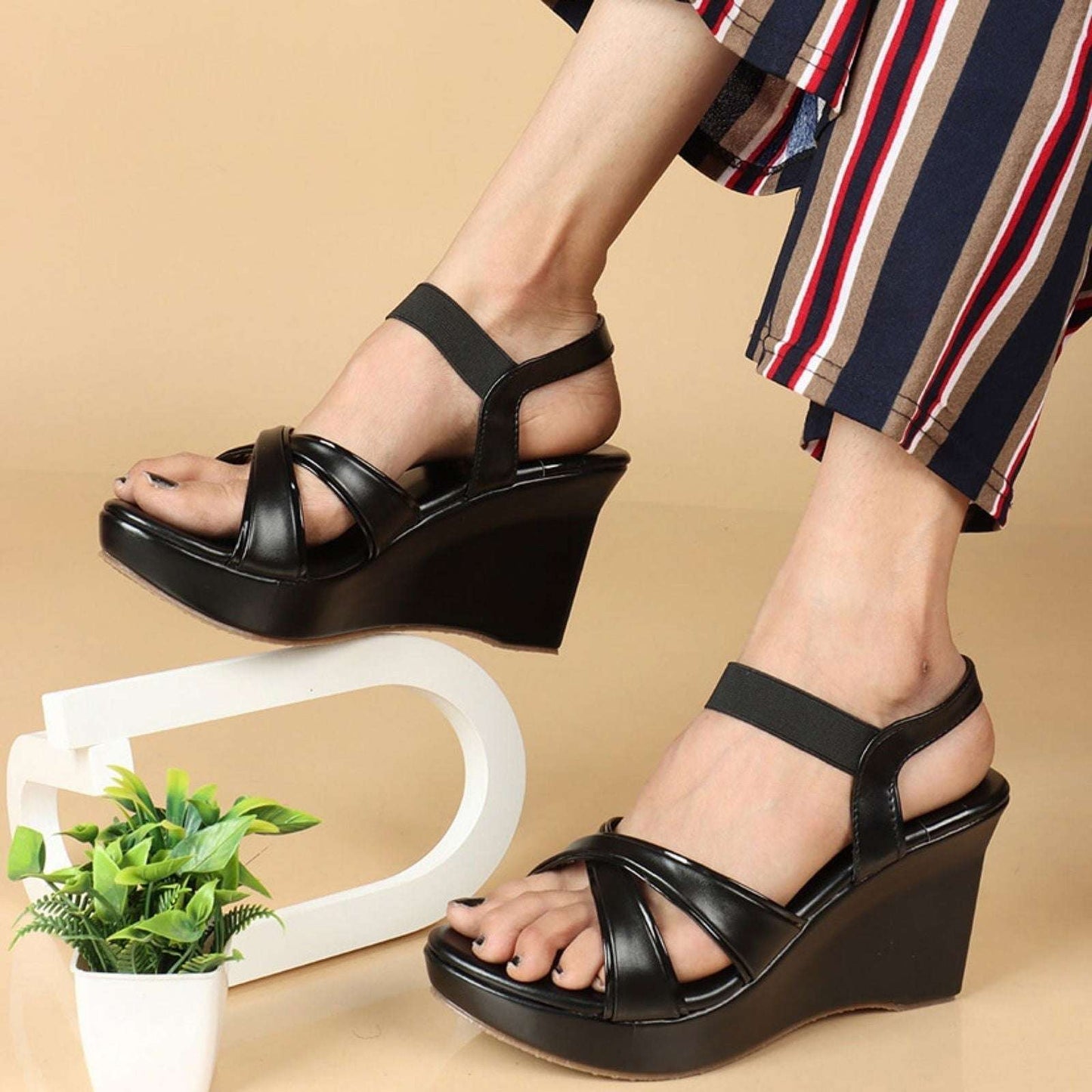 Women’s Wedge Sole Heels Sandals Black Comfortable Elegant - SCSSTORE.PK
