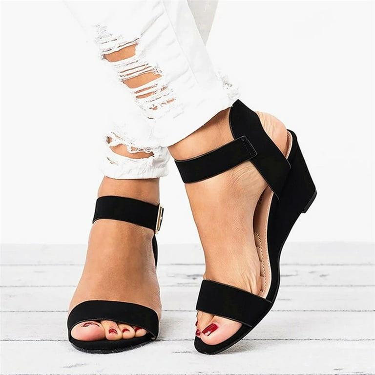 Women’s Mid Wedge Sole Heels Sandals Comfortable Black Red Brown - SCSSTORE.PK