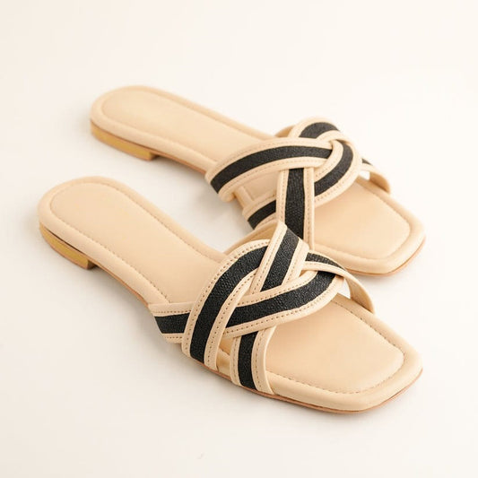 Beige & Black Cross-Strap Slippers – Front View
