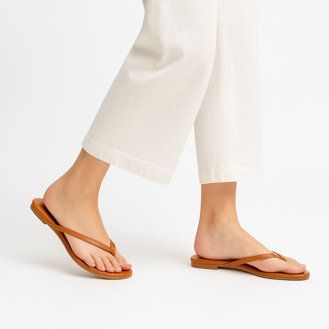 Women’s V Shape Flat Slippers Brown Side View jpg