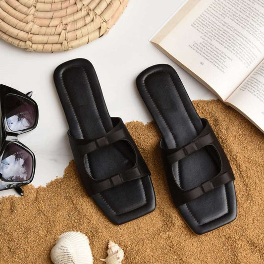 Black Slide Slippers with Bow Strap – Front View

