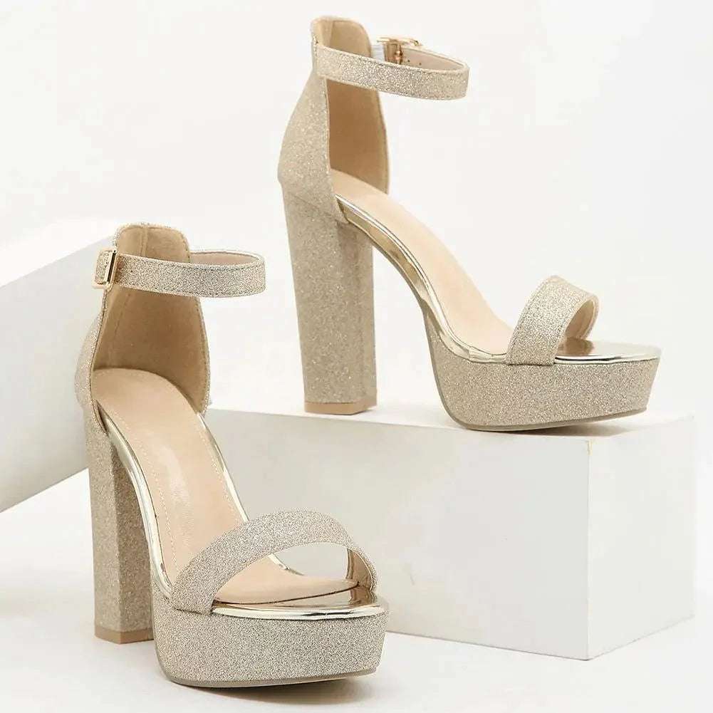 Women’s Bling Glitter Block Heels Sandal | 4-Inch Silver, Golden, Black - SCSSTORE.PK