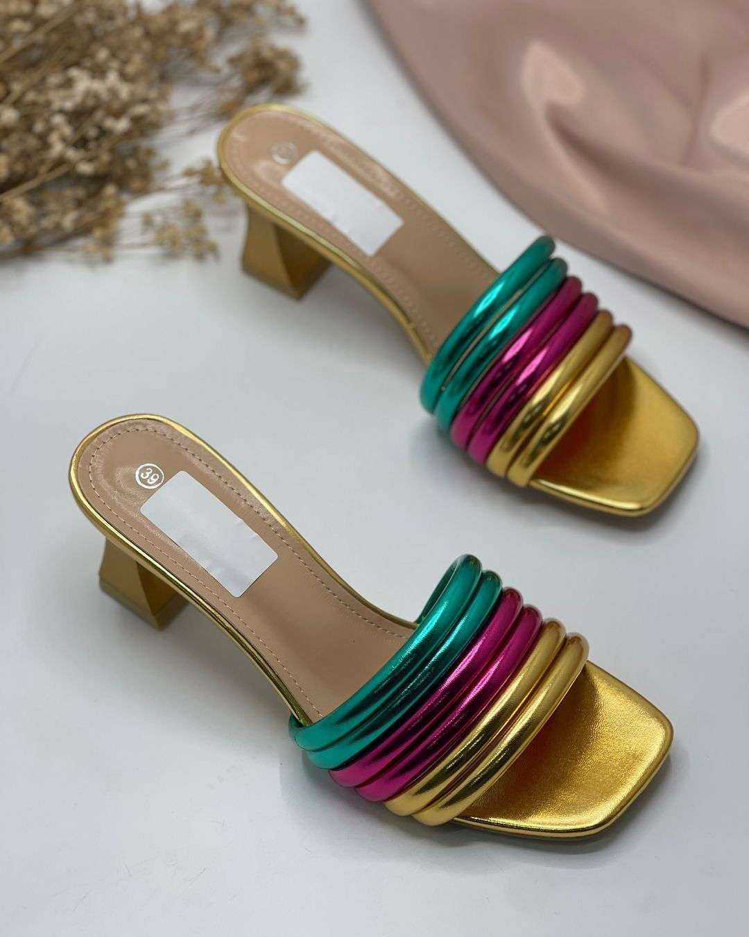 Women’s Luxury Glamorous Block Heel Slippers – Bridal, Party and Office Wear (Golden, Silver, Black, White) - SCSSTORE.PK