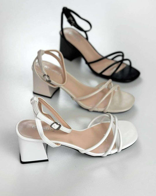 Women’s Striped Cross Block Heel Sandals – Elegant Formal & Party Wear (White, Black, Beige) - SCSSTORE.PK