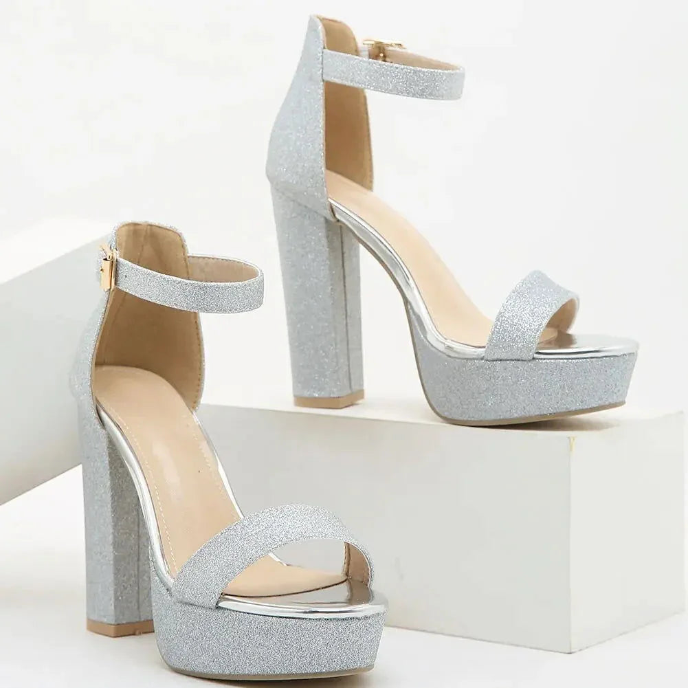 Women’s Bling Glitter Block Heels Sandal | 4-Inch Silver, Golden, Black - SCSSTORE.PK