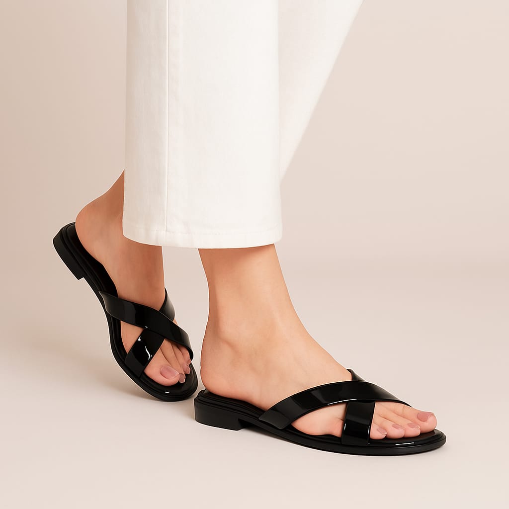 Black Flat Slippers with Crisscross Design – Comfortable Summer Wear

