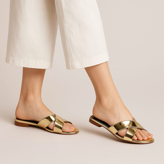Golden Flat Slippers with Crisscross Design – Perfect for Casual Summer Wear

