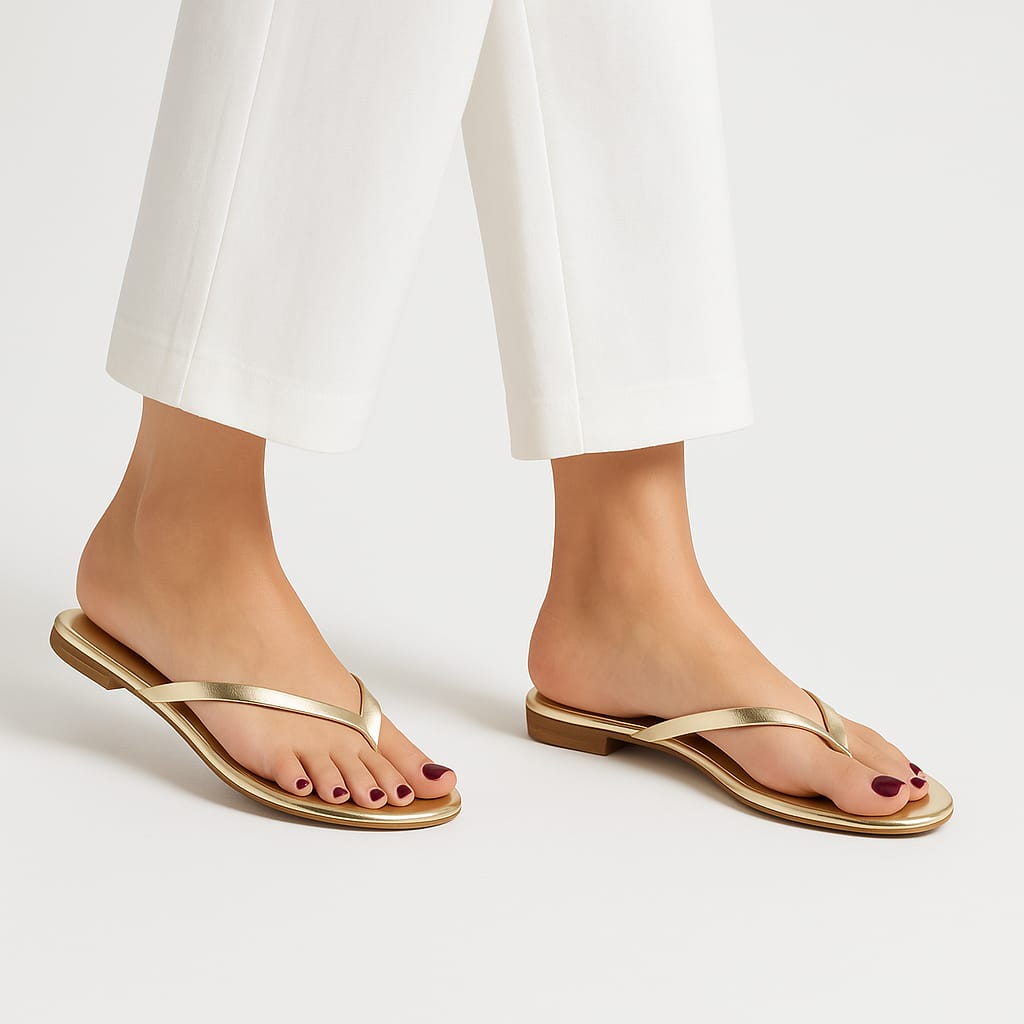 Close-up of Women’s V-Shape Flat Slippers in Golden – Perfect for Casual Daily Wear

