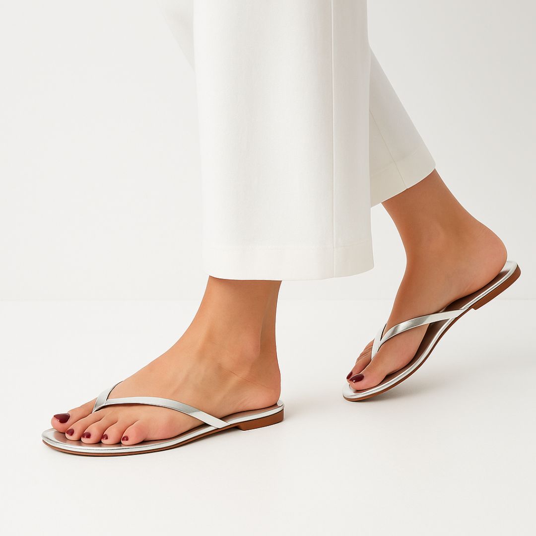 Close-up of Women’s V-Shape Flat Slippers in Silver – Versatile Footwear for Everyday Wear


