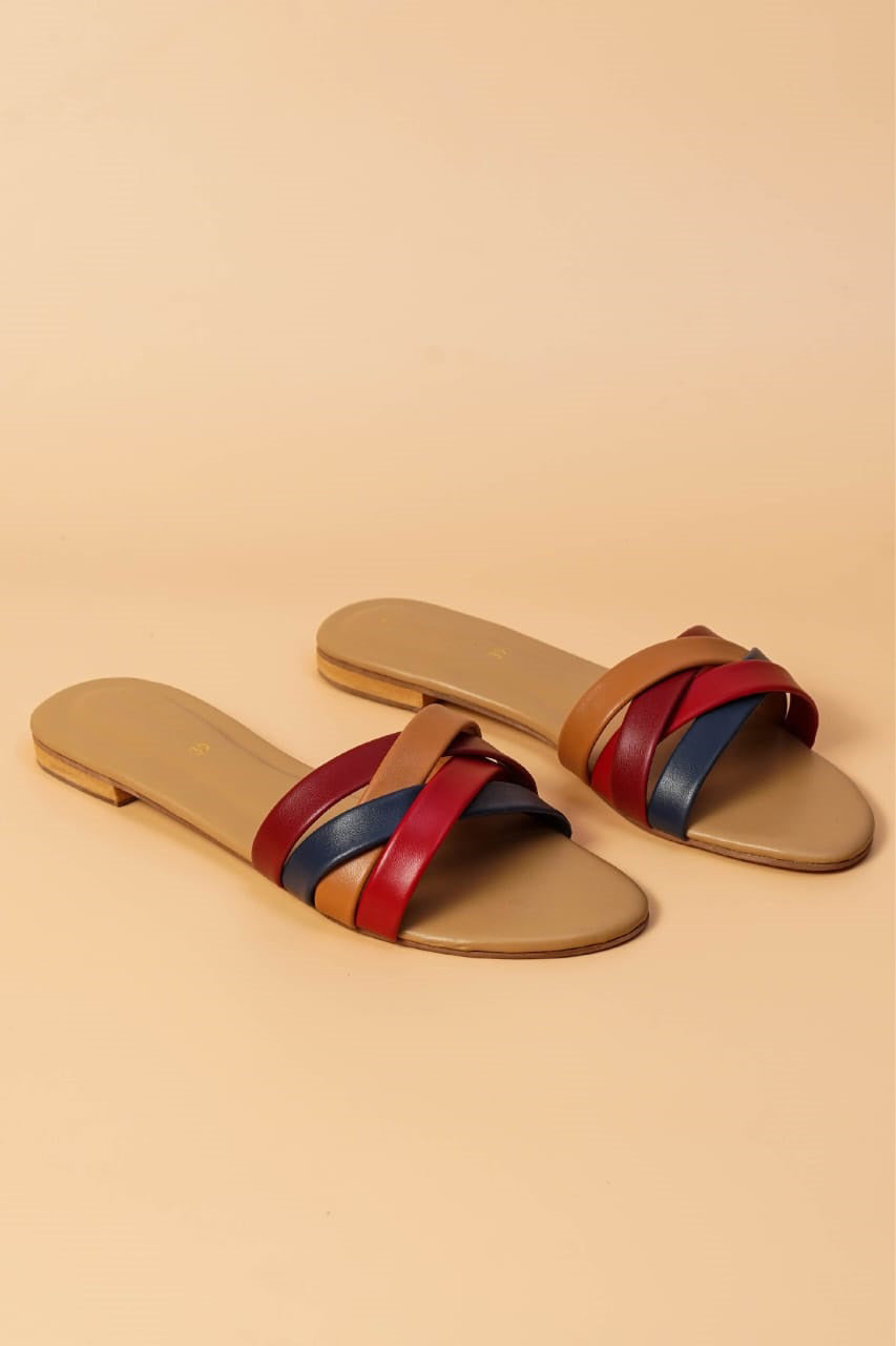 Women’s Multi Crisscross Strap Slippers – Black and Golden Casual Flats