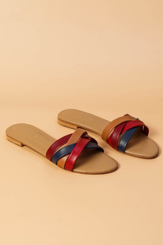 Women’s Multi Crisscross Strap Slippers – Black and Golden Casual Flats